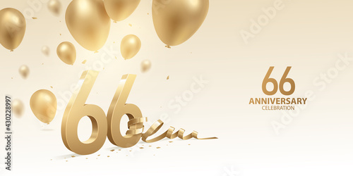 66th Anniversary celebration background. 3D Golden numbers with bent ribbon, confetti and balloons.
 photo