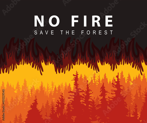 Eco poster concept the words No fire, Save the Forest and with silhouettes of fir trees on the background of wildfire. Vector illustration in black and orange colors with flaming forest.