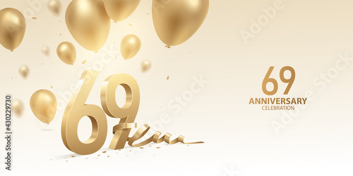 69th Anniversary celebration background. 3D Golden numbers with bent ribbon, confetti and balloons. photo