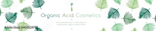 Template banner design. Vector palm leaf pattern for organic creamy cosmetics, organic acid cosmetic, natural makeup packaging. Earthy tones. Sage green color. Herbal pattern for healthy care design.