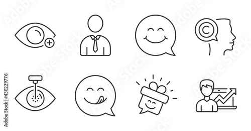 Success business, Smile face and Smile line icons set. Eye laser, Human and Writer signs. Farsightedness symbol. Growth chart, Chat, Gift box. People set. Quality line icons. Vector