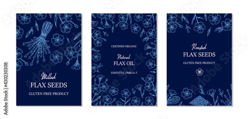 Set of hand drawn flax vertical designs. Vector illustration in sketch style for linen seeds and oil packaging
