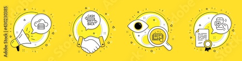 Cashback card, Technical documentation and Cloud server line icons set. Megaphone, licence and deal vector icons. 24h service sign. Money payment, Manual, Web storage. Call support. Vector
