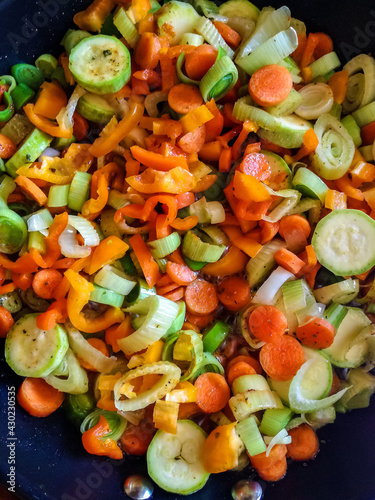 Process of cooking saute at home. Stewed vegetables in frying pan. Mixed Ingredients leek, carrot, zucchini, bell pepper. Close-up. Vertical photo. Selective focus.