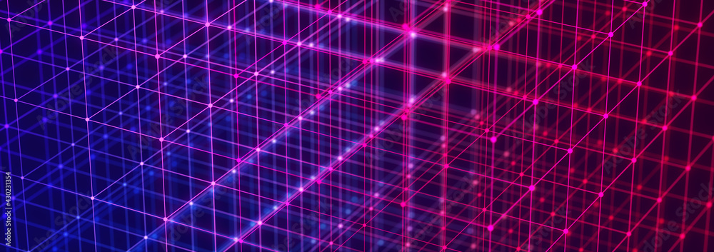 3D cube of lines and dots. Wireframe polygonal element on dark background. Science and technology. 3d rendering