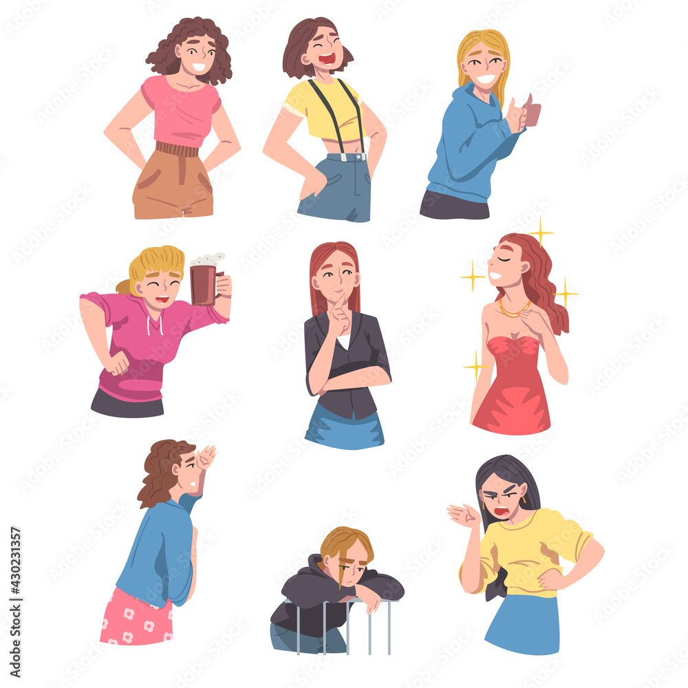 Young Women Different Emotions Set, Happy, Worried, Angry, Depressed Girls, Human Emotions Concept Cartoon Vector Illustration Young Women Different Emotions Set, Happy, Worried, Angry, Depressed Girls, Human Emotions Concept Cartoon Vector Illustration