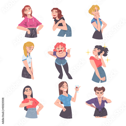 Young Women Different Emotions Set, Happy, Thoughtful, Angry, Upset Girls, Human Emotions Concept Cartoon Vector Illustration
