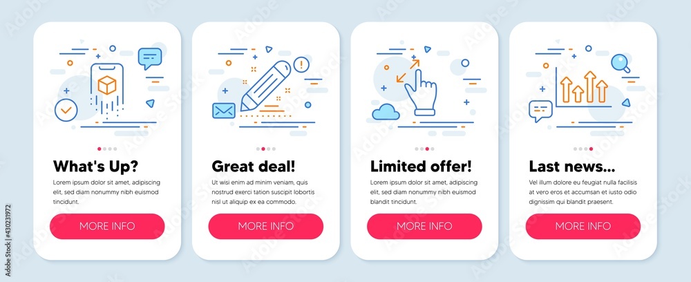 Set of Business icons, such as Touchscreen gesture, Brand contract, Augmented reality symbols. Mobile app mockup banners. Upper arrows line icons. Zoom in, Edit report, Phone simulation. Vector Set of Business icons, such as Touchscreen gesture, Brand contract, Augmented reality symbols. Mobile app mockup banners. Upper arrows line icons. Zoom in, Edit report, Phone simulation. Vector