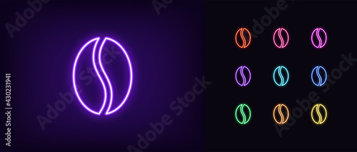 Neon coffee bean icon. Glowing neon coffee seed sign, outline wholegrain bean pictogram and silhouette