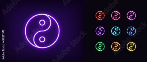 Neon yin yang icon. Glowing neon balance sign, outline yin yang Tao pictogram