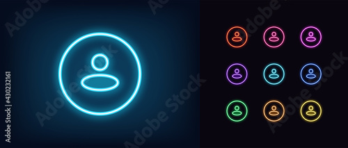 Neon user avatar icon. Glowing neon person sign, outline round avatar pictogram