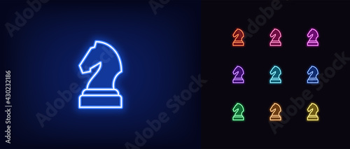 Neon chessmen knight icon. Glowing neon horse sign, outline chess piece