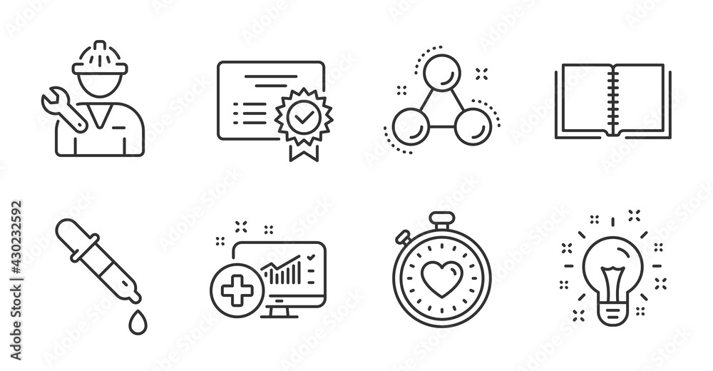 Medical analytics, Chemistry pipette and Repairman line icons set. Certificate, Book and Idea signs. Heartbeat timer, Chemistry molecule symbols. Medicine system, Laboratory, Repair service. Vector