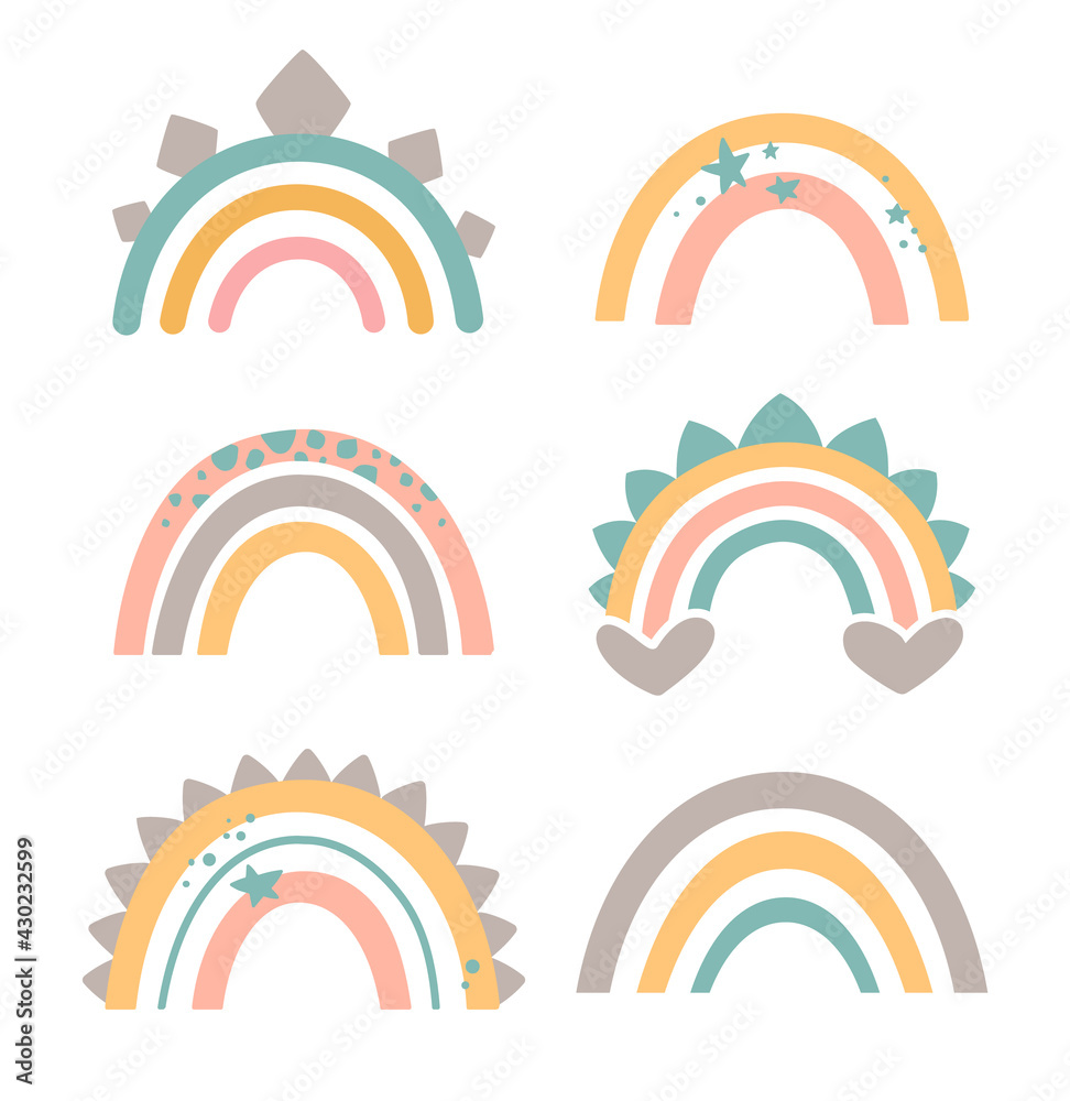 Fototapeta premium Lovely rainbows in delicate pastel colors. Dinosaur patterns. Boho style, vector set. Pink, green, yellow, gray.