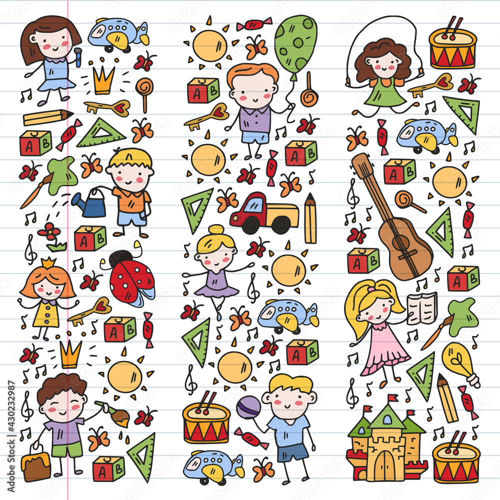 Vector pattern with little children. Kindergarten. Imagination. Creativity. Play. Vector pattern with little children. Kindergarten. Imagination. Creativity. Play.
