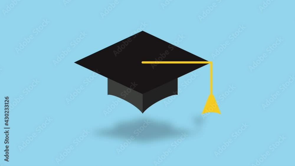 Graduation cap icon with shadow. Flat icon animation on blue and transparent background. 4k motion