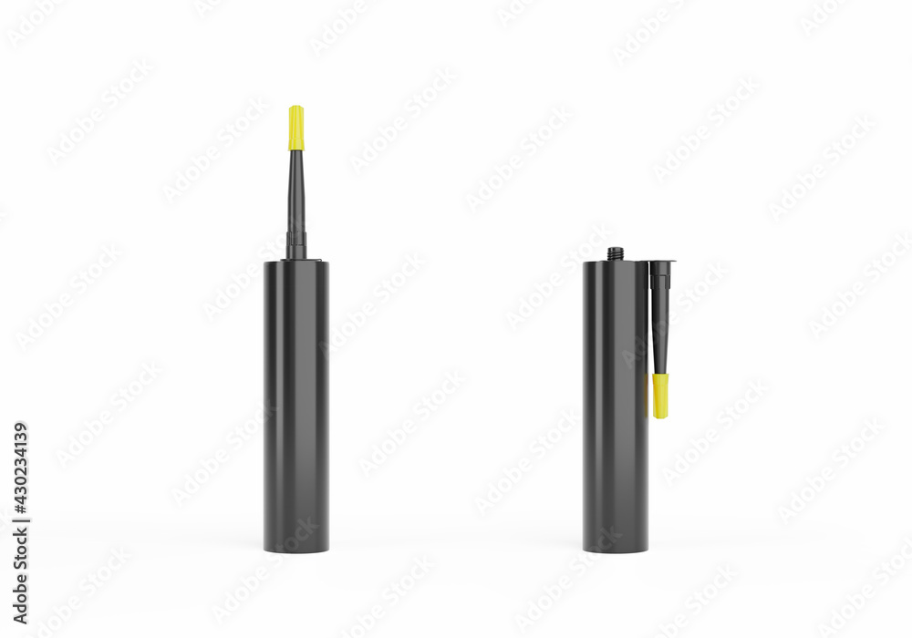Black silicone container tube with yellow nozzle cap, no label, isolated on white background. Black silicone container tube with yellow nozzle cap, no label, isolated on white background.