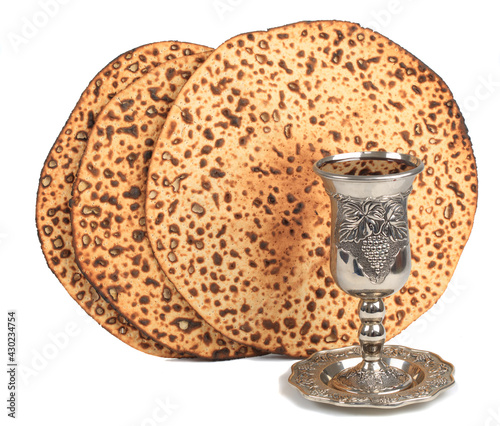 Round matzo and wine cpu isolated over white background with clipping path