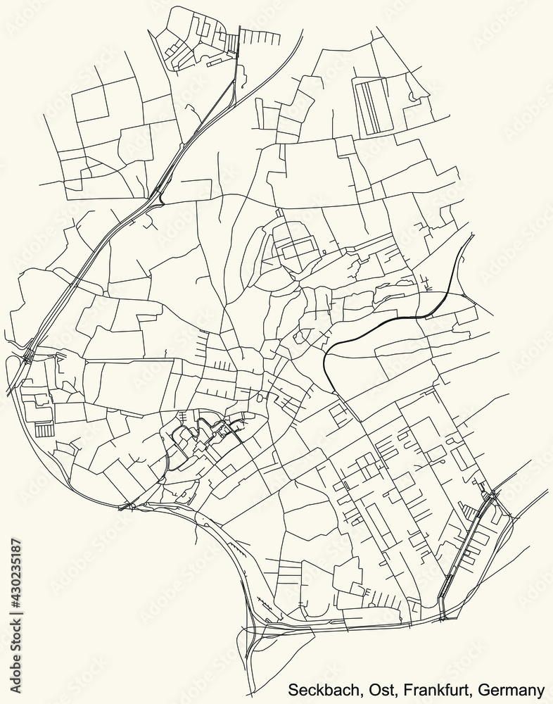 Black simple detailed street roads map on vintage beige background of the neighbourhood Seckbach city district of the Ost urban district (ortsbezirk) of Frankfurt am Main, Germany