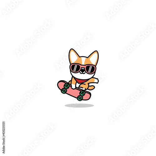 Cute welsh corgi dog playing skateboard cartoon, vector illustration