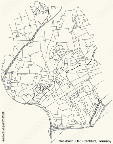 Black simple detailed street roads map on vintage beige background of the neighbourhood Seckbach city district of the Ost urban district (ortsbezirk) of Frankfurt am Main, Germany
