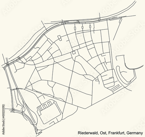 Black simple detailed street roads map on vintage beige background of the neighbourhood Riederwald city district of the Ost urban district (ortsbezirk) of Frankfurt am Main, Germany