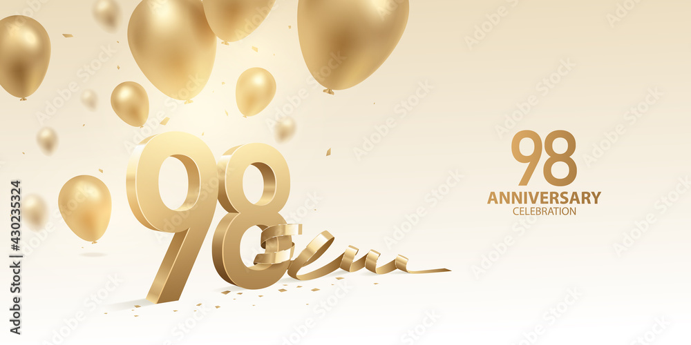 98th Anniversary celebration background. 3D Golden numbers with bent ribbon, confetti and balloons.