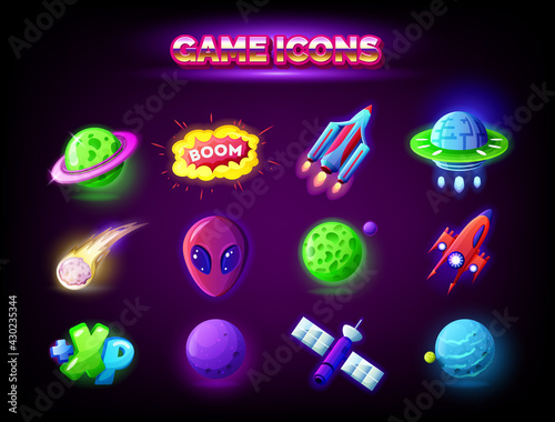 Mobile game icons set isolated on dark background. GUI elements for mobile app, vector illustration pack in cartoon style