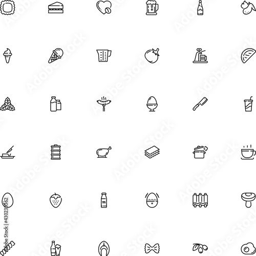 icon vector icon set such as: garden, saucepan, aromatic, disposable, beaker, jug, extra, hand, farfalle, plastic, measure, russula, scale, omelette, vegetable, leaf, beef, sea, monochrome, doodle