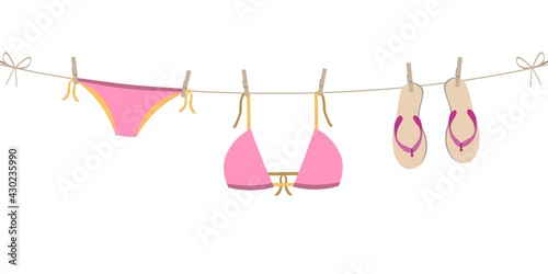 cartoon colorful hanging bikini and flip flops af man and woman vector decorative garland isolated on white background for summer season