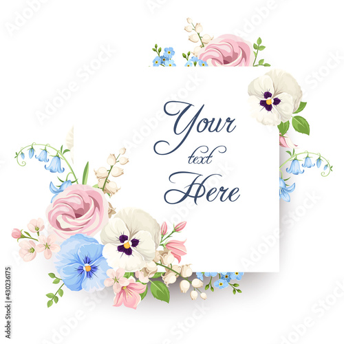 Vector vintage invitation or greeting card with pink, blue and white pansy flowers, lisianthus flowers and forget-me-not flowers.