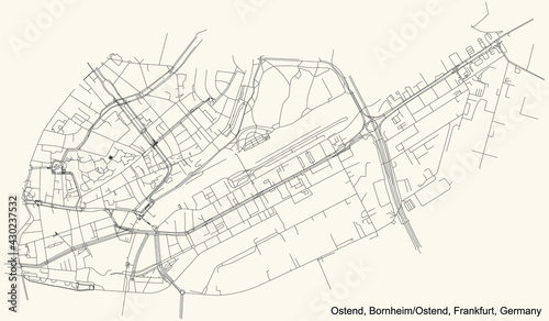 Black simple detailed street roads map on vintage beige background of the neighbourhood Ostend city district of the Bornheim/Ostend urban district (ortsbezirk) of Frankfurt am Main, Germany