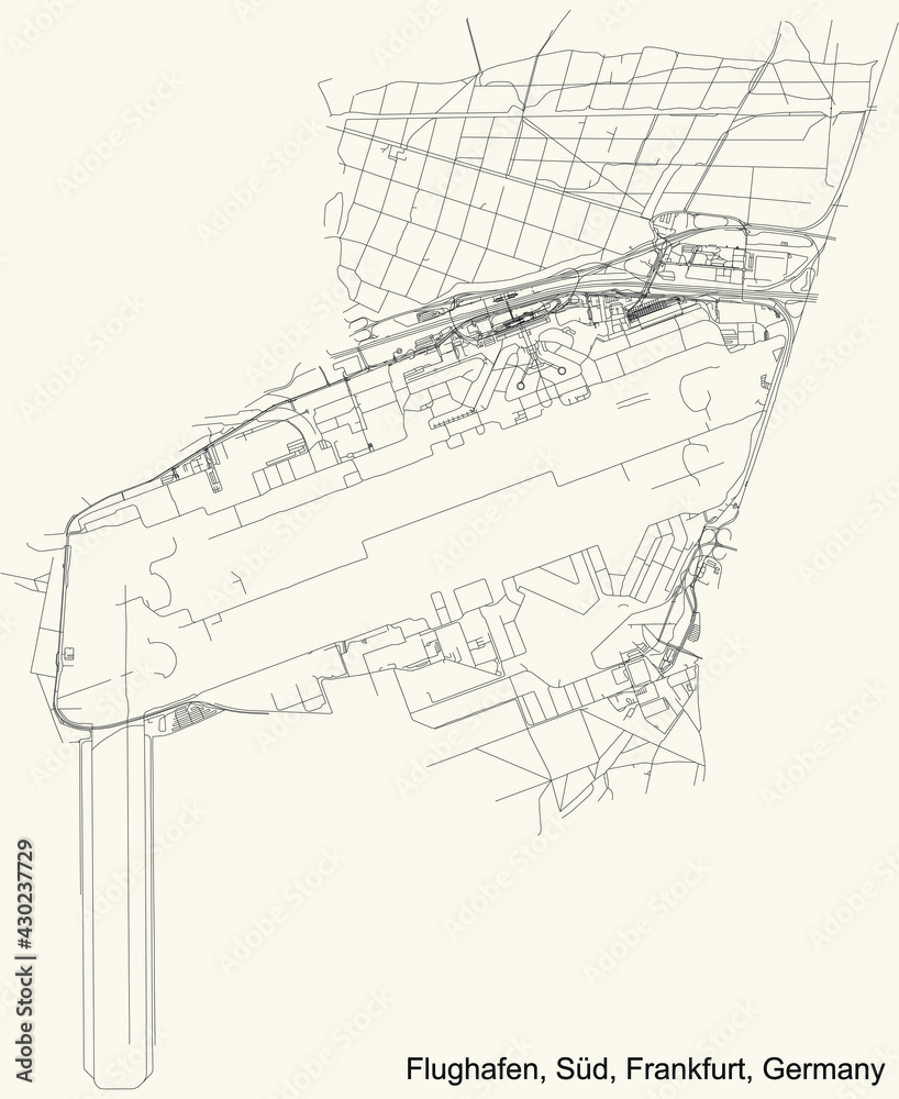 Fototapeta premium Black simple detailed street roads map on vintage beige background of the neighbourhood Flughafen city district of the Süd urban district (ortsbezirk) of Frankfurt am Main, Germany