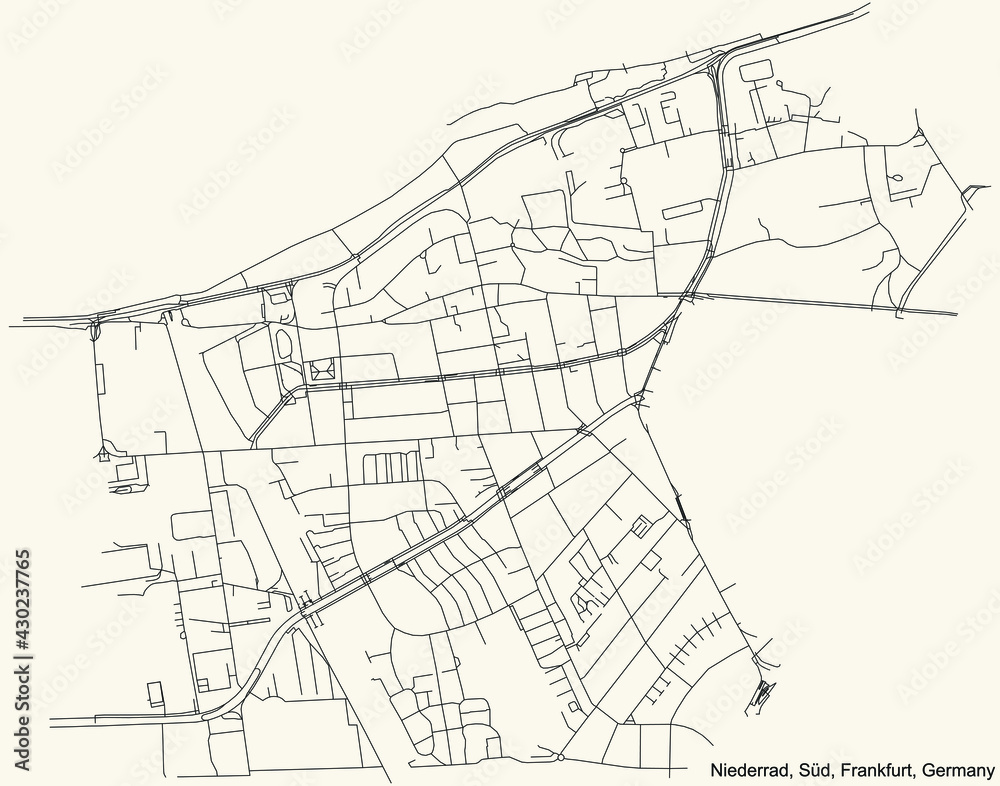 Obraz premium Black simple detailed street roads map on vintage beige background of the neighbourhood Niederrad city district of the Süd urban district (ortsbezirk) of Frankfurt am Main, Germany