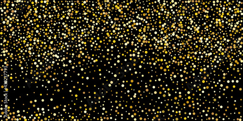 Golden point confetti on a black background.  Illustration of a drop of shiny particles. Decorative element. Element of design. Vector illustration  EPS 10.