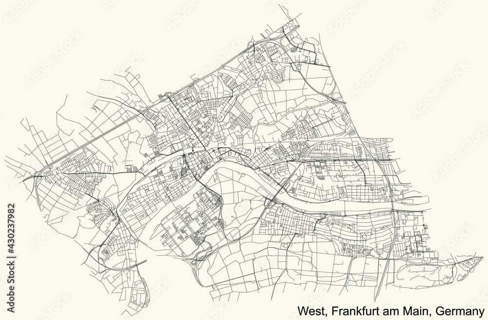 Black simple detailed street roads map on vintage beige background of the neighbourhood West district (ortsbezirk) of Frankfurt am Main, Germany