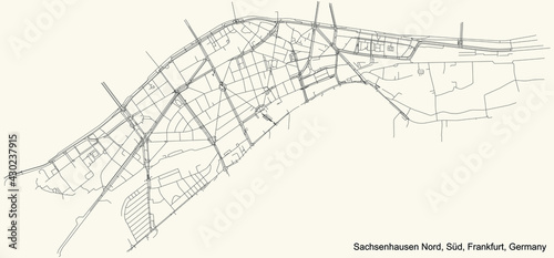 Black simple detailed street roads map on vintage beige background of the neighbourhood Sachsenhausen-Nord city district of the Süd urban district (ortsbezirk) of Frankfurt am Main, Germany