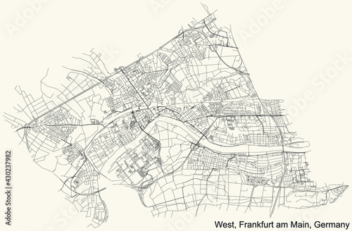 Black simple detailed street roads map on vintage beige background of the neighbourhood West district (ortsbezirk) of Frankfurt am Main, Germany