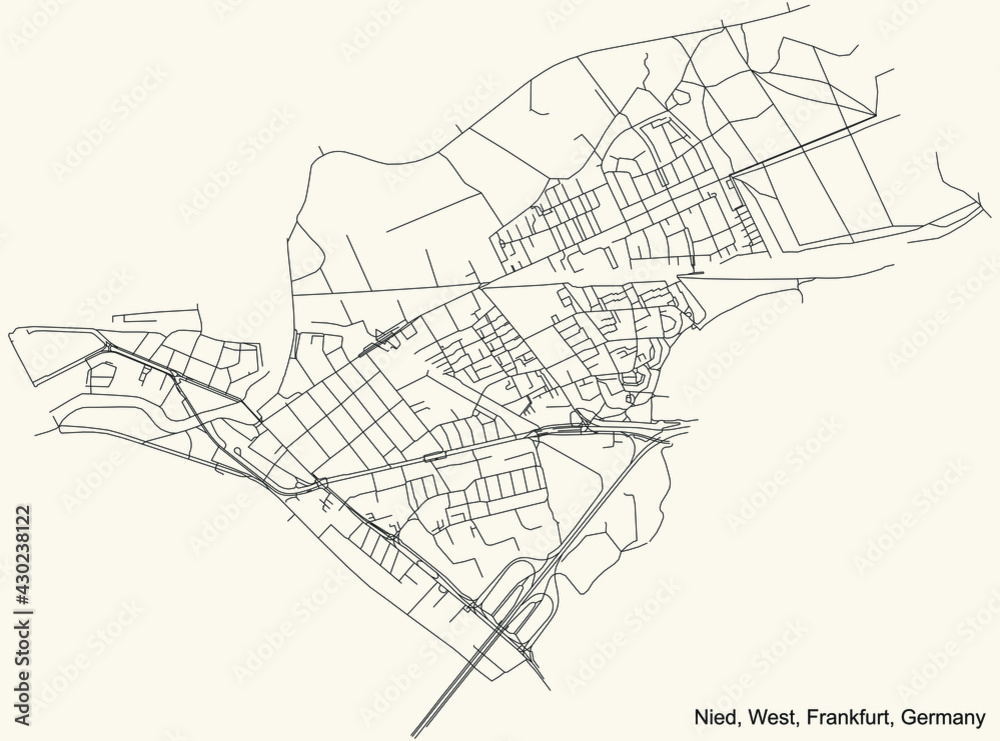 Black simple detailed street roads map on vintage beige background of the neighbourhood Nied city district of the West urban district (ortsbezirk) of Frankfurt am Main, Germany