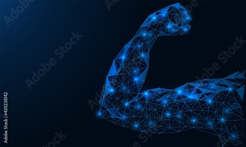 The musculature of the human arm. A show of force. Polygonal construction of lines and points. Blue background.