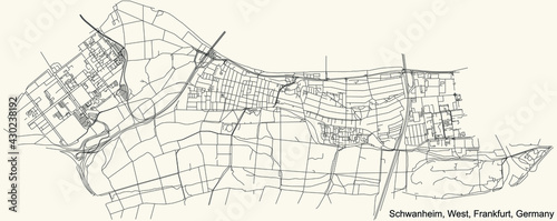 Black simple detailed street roads map on vintage beige background of the neighbourhood Schwanheim city district of the West urban district (ortsbezirk) of Frankfurt am Main, Germany