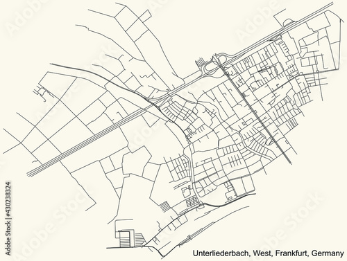 Black simple detailed street roads map on vintage beige background of the neighbourhood Unterliederbach city district of the West urban district (ortsbezirk) of Frankfurt am Main, Germany