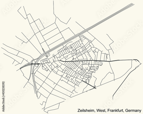 Black simple detailed street roads map on vintage beige background of the neighbourhood Zeilsheim city district of the West urban district (ortsbezirk) of Frankfurt am Main, Germany