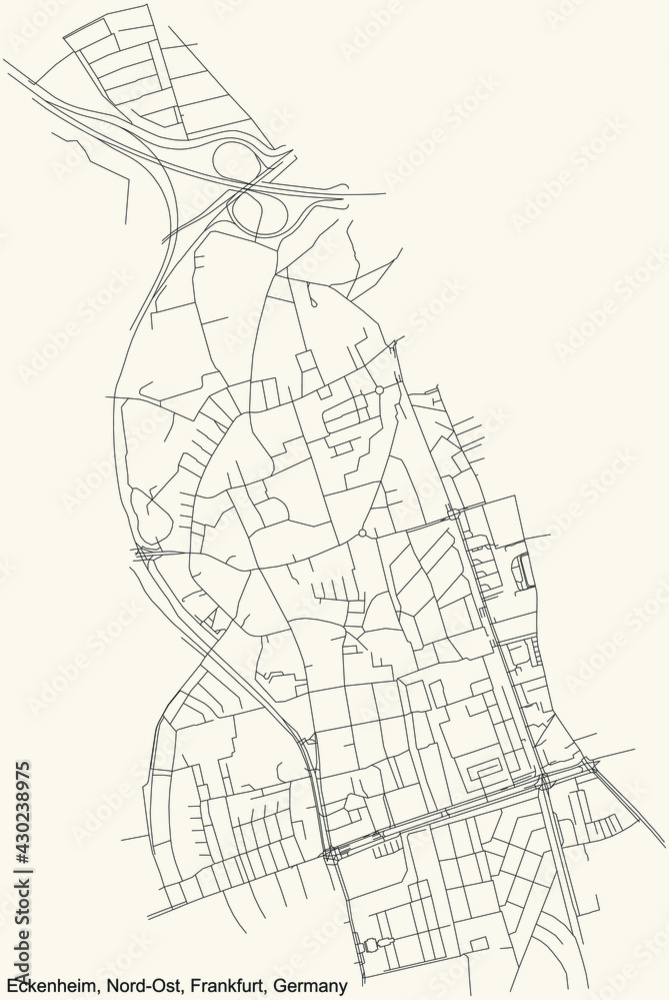 Black simple detailed street roads map on vintage beige background of the neighbourhood Eckenheim city district of the Nord-Ost urban district (ortsbezirk) of Frankfurt am Main, Germany