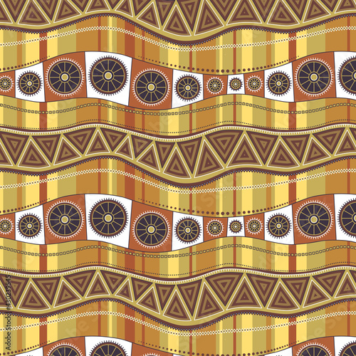 Wavy lines with an ornament on a background of vertical multi-colored stripes. Seamless pattern in brown-ocher colors.