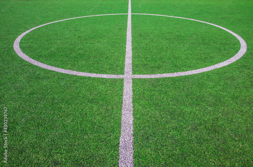 Obraz premium The centre of soccer field with artificial green grass and white lines near the school. Amateur football field. Sunny summer day