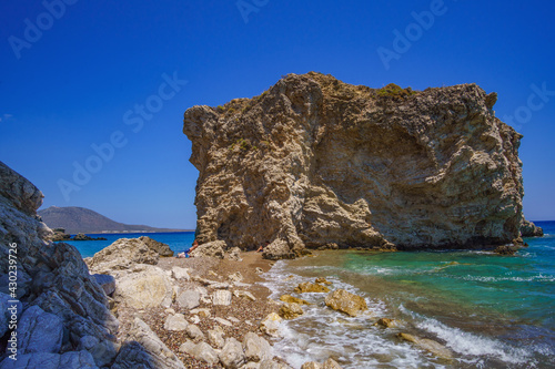 Aerial view over the rocky Kaladi beach, in Kythira island during Summer period in Greece, Europe photo