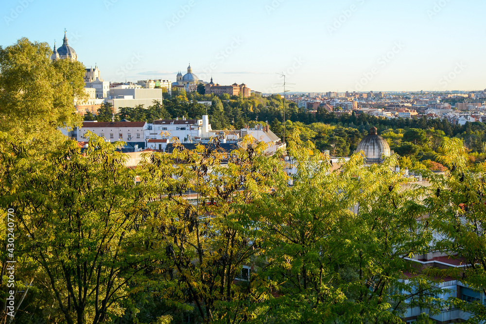 Madrid, Spain - October 25, 2020: Beautiful view near The Temple of Debod (Templo de Debod) and park named Jardines del Templo de Debod