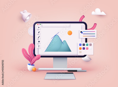 Computer display with vector design program. 3D Web Vector Illustrations.
