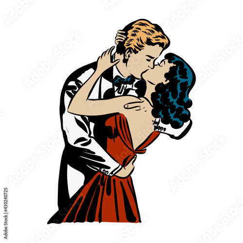 Kissing couple pop art retro vector illustration. Isolated image on white background. Comic book style imitation.